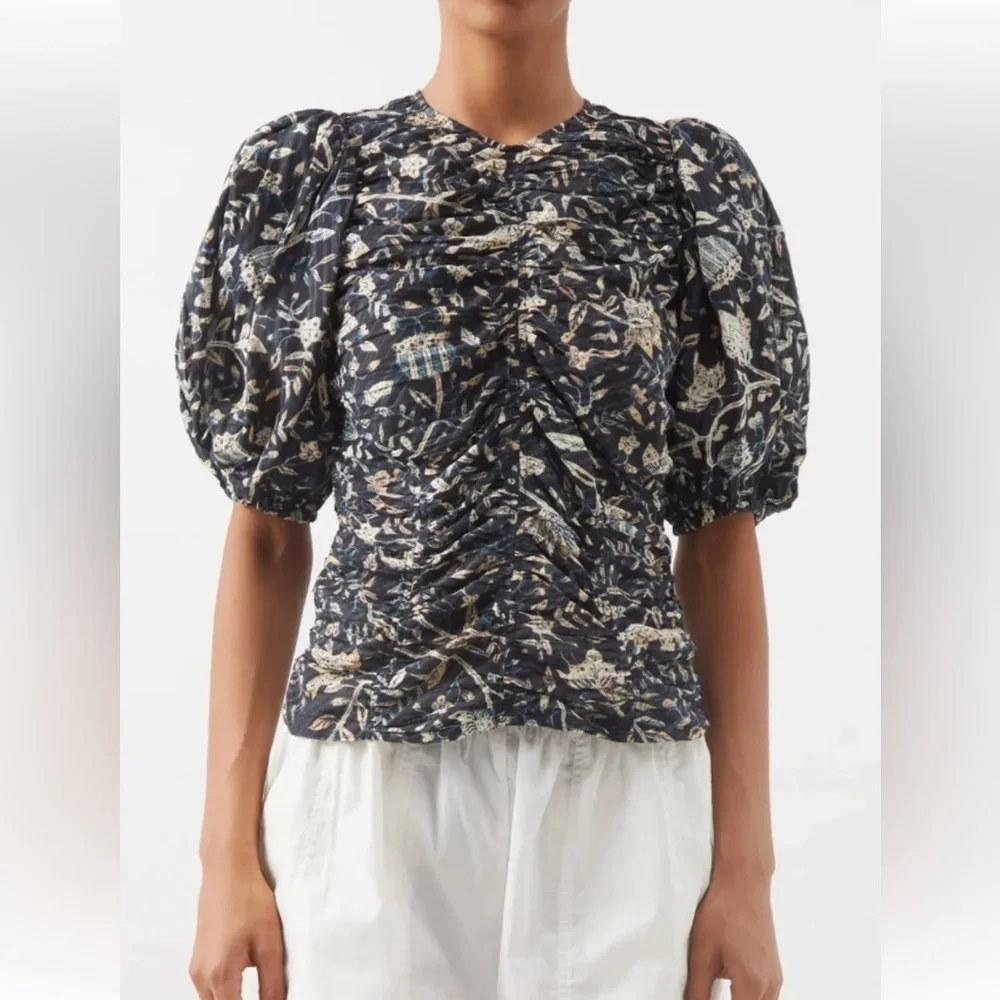 Ulla Johnson Naya Puff sleeve top back zip blouse 6 rain forest